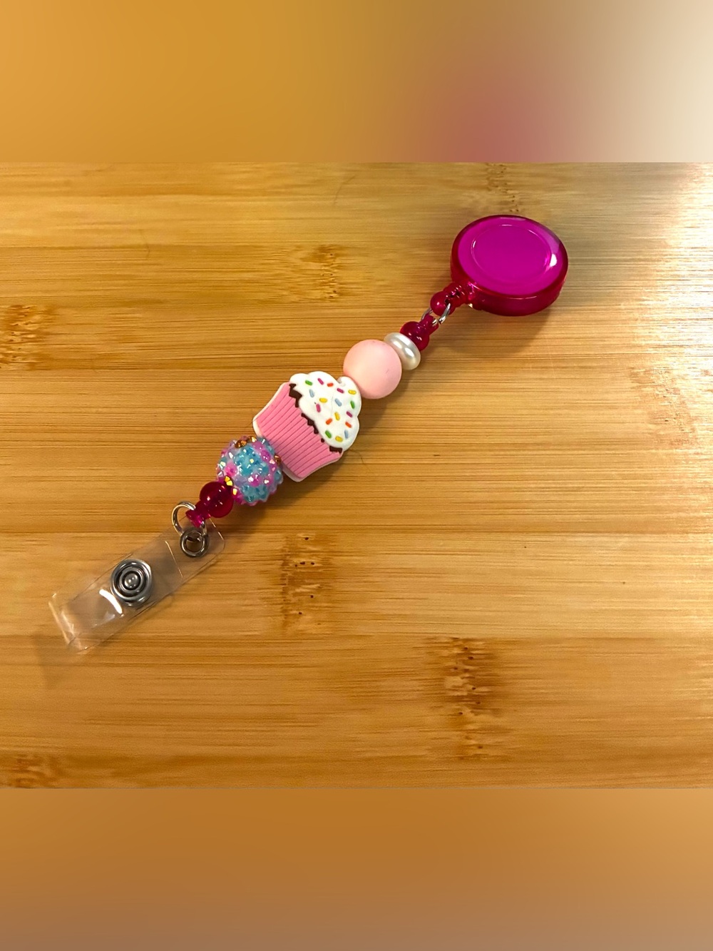 Pink Cupcake Beaded Retractable Badge Reel
